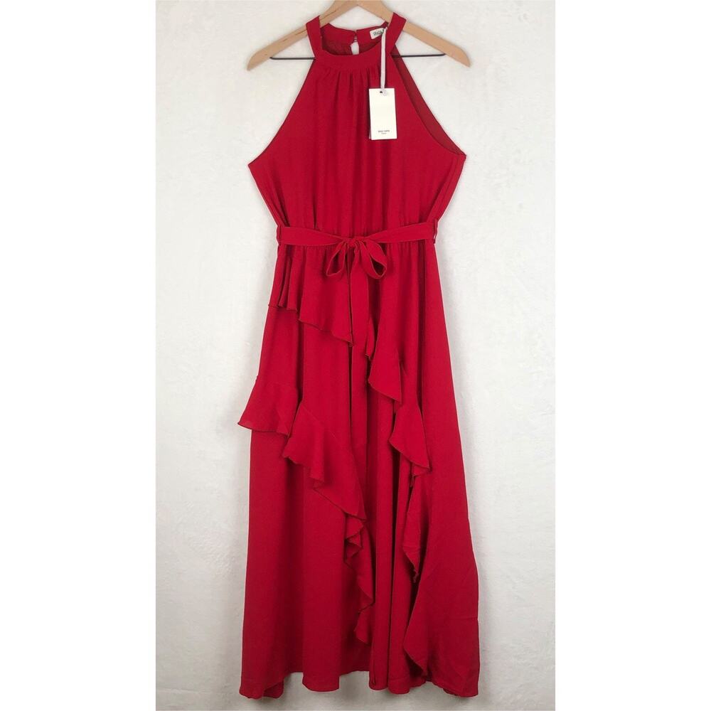 SOLDGRACE‎ KARIN Dress Sz L Cherry Red Halter Tie Wrap Ruffles Feminine Romantic